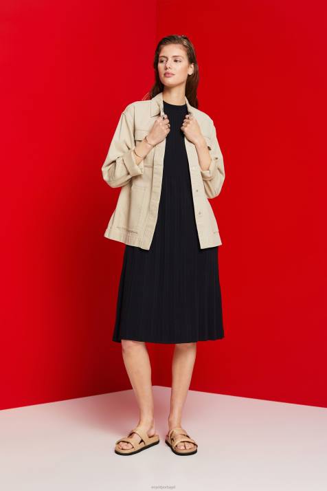 vestidos preto mulheres Esprit vestido maxi plissado e sem mangas com gola redonda NBHL124